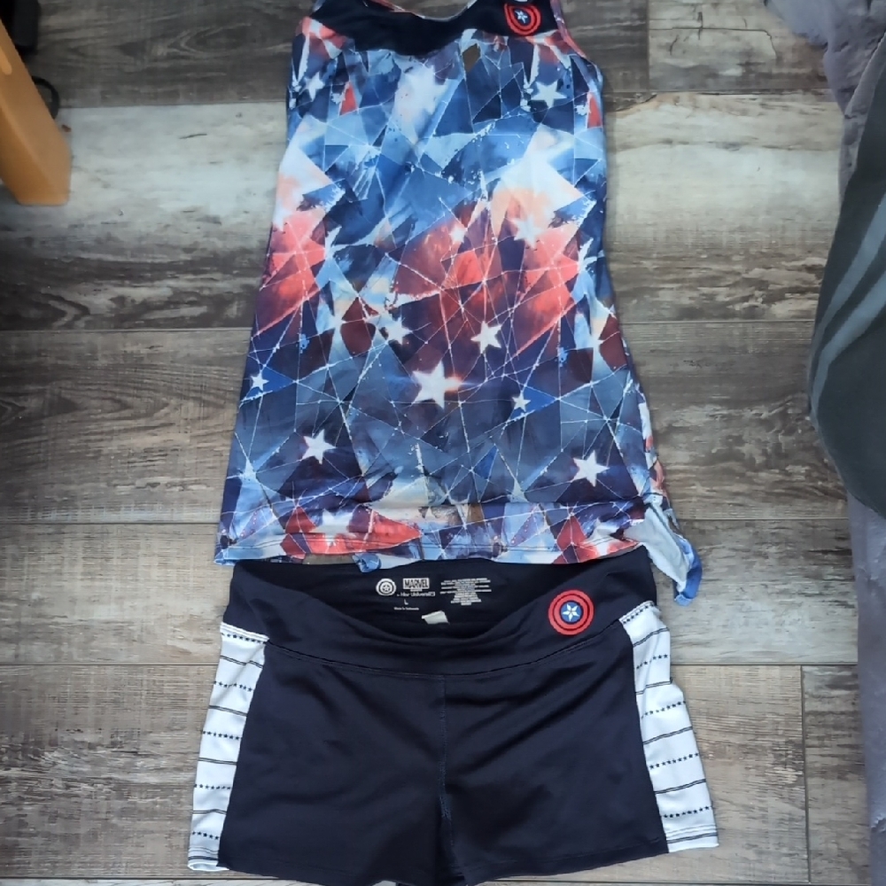 Marvel Captain America Athletic Shorts, Top And Leggings - Blue, Red, White